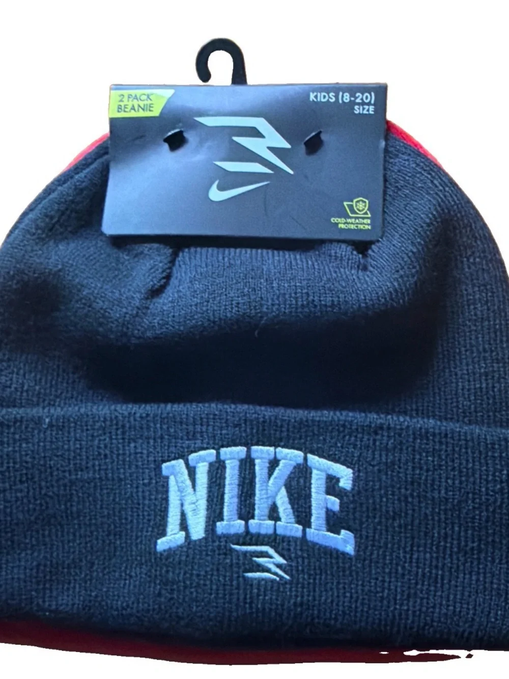 Nike Big Kids Size (8-20) 2-Pack Beanie Set. Black/Red/White Logo. New with Tags